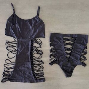 Black Soft Stretchy Open Side Cutout Distressed Two Piece Tank & Panty Set OS